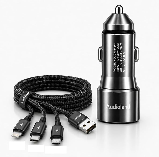 High-Speed 145W Car Charger with 3-in-1 Retractable Cable and PD/QC3.0 Fast Charging