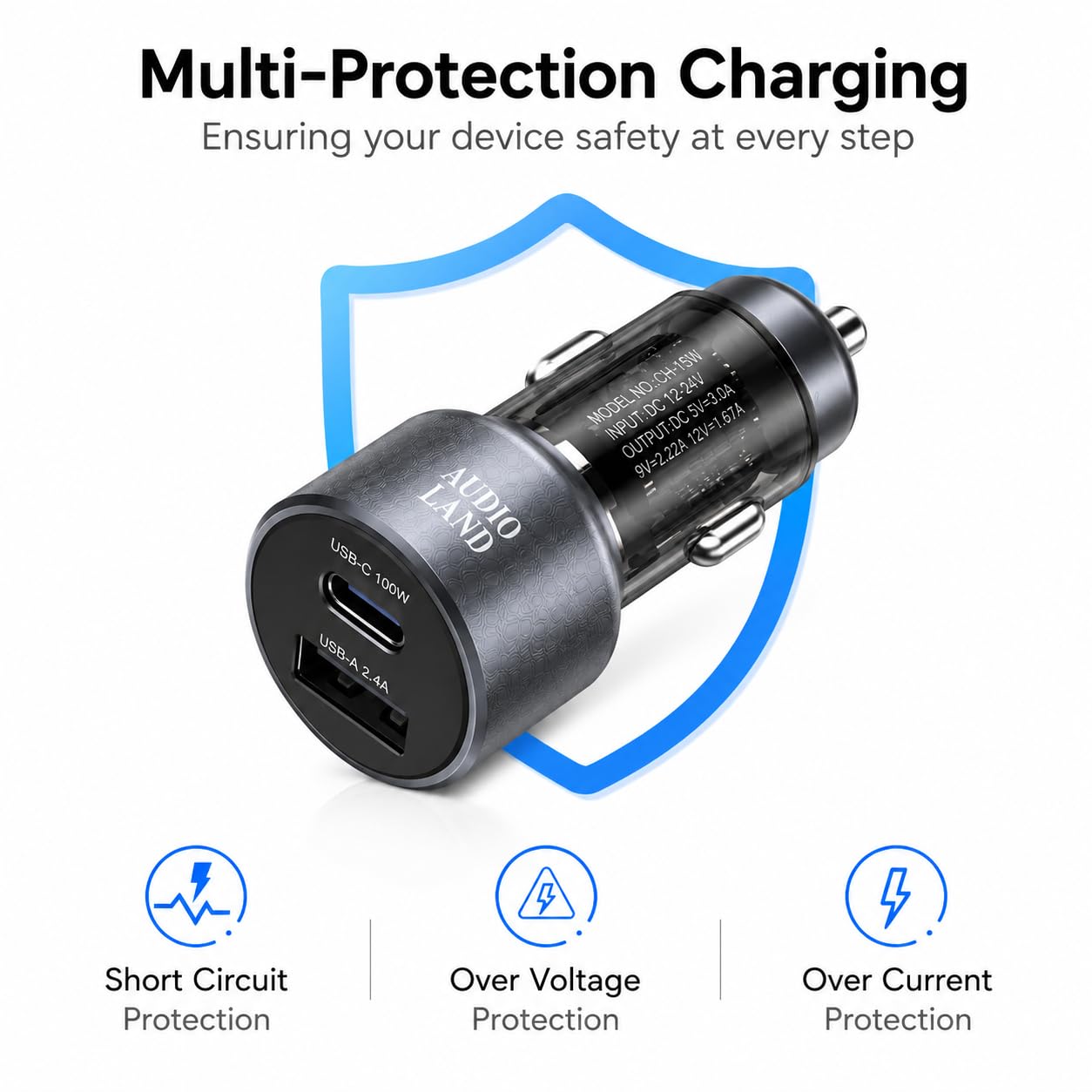 Universal 3-in-1 145W Car Charger with Retractable Type-C, Lightning & Micro USB Cables