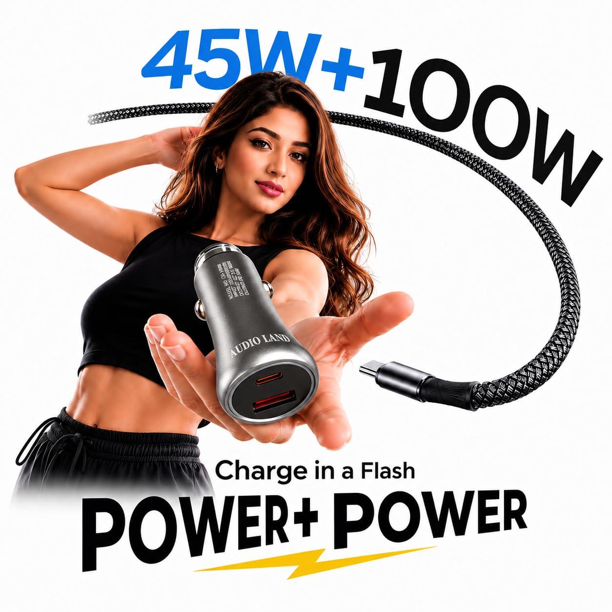 AUDIOLAND 145W Metal Car Charger with Type-C, Lightning & Micro USB Cable | USB-C PD 45W + USB-A QC 3.0 Fast Charging