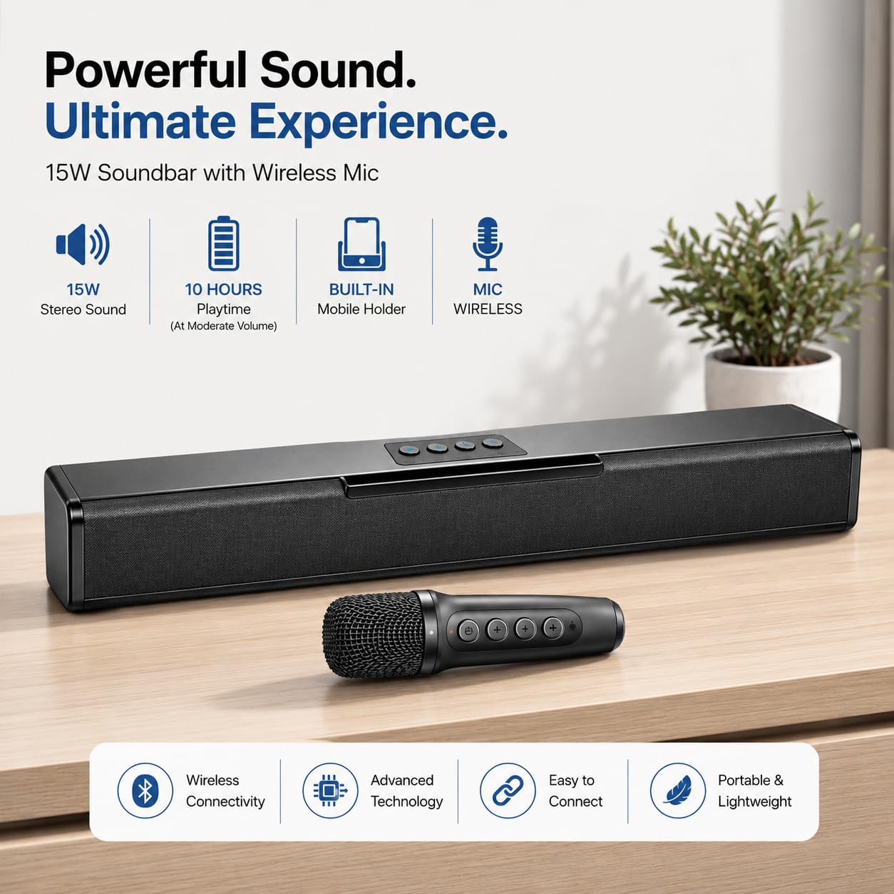 Portable 15W Bluetooth Soundbar with Wireless Microphone and TWS Stereo Pairing