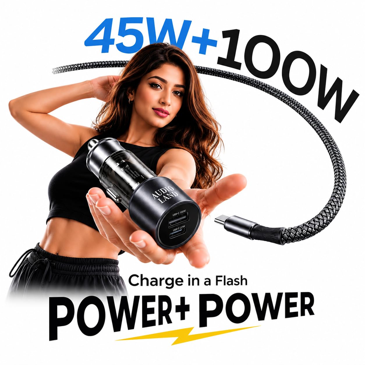 Universal 3-in-1 145W Car Charger with Retractable Type-C, Lightning & Micro USB Cables