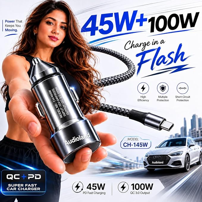 High-Speed 145W Car Charger with 3-in-1 Retractable Cable and PD/QC3.0 Fast Charging