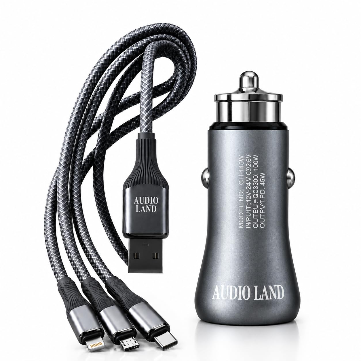 AUDIOLAND 145W Metal Car Charger with Type-C, Lightning & Micro USB Cable | USB-C PD 45W + USB-A QC 3.0 Fast Charging