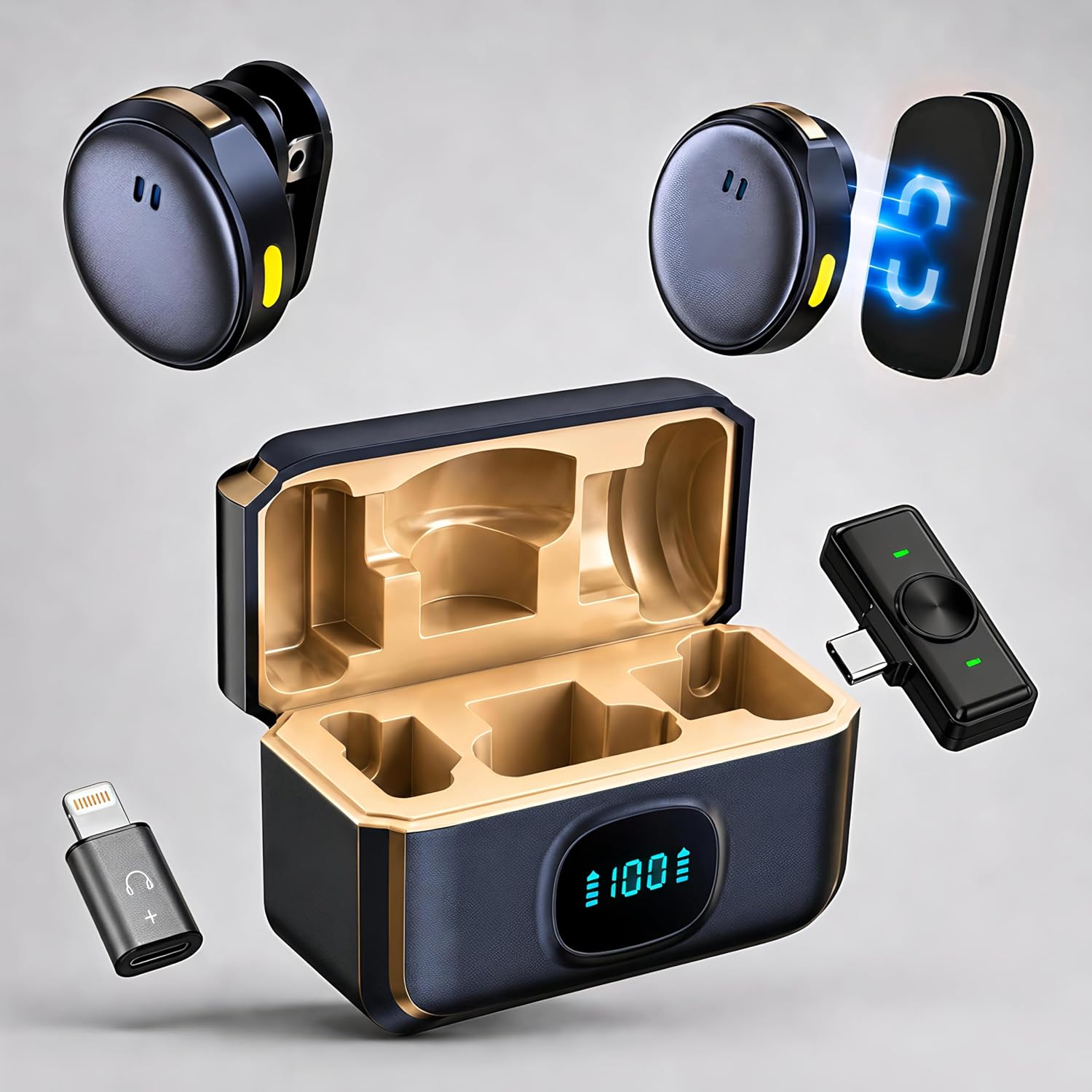 Q8 Dual Wireless Lapel Microphone with Smart LED Display Charging Case